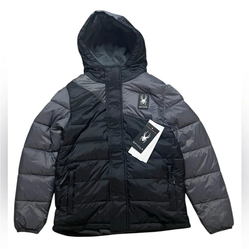 NWT SPYDER BOY's Large 14/16 CIRCUIT PUFFER JACKET BLACK & GREY - RETAIL $149